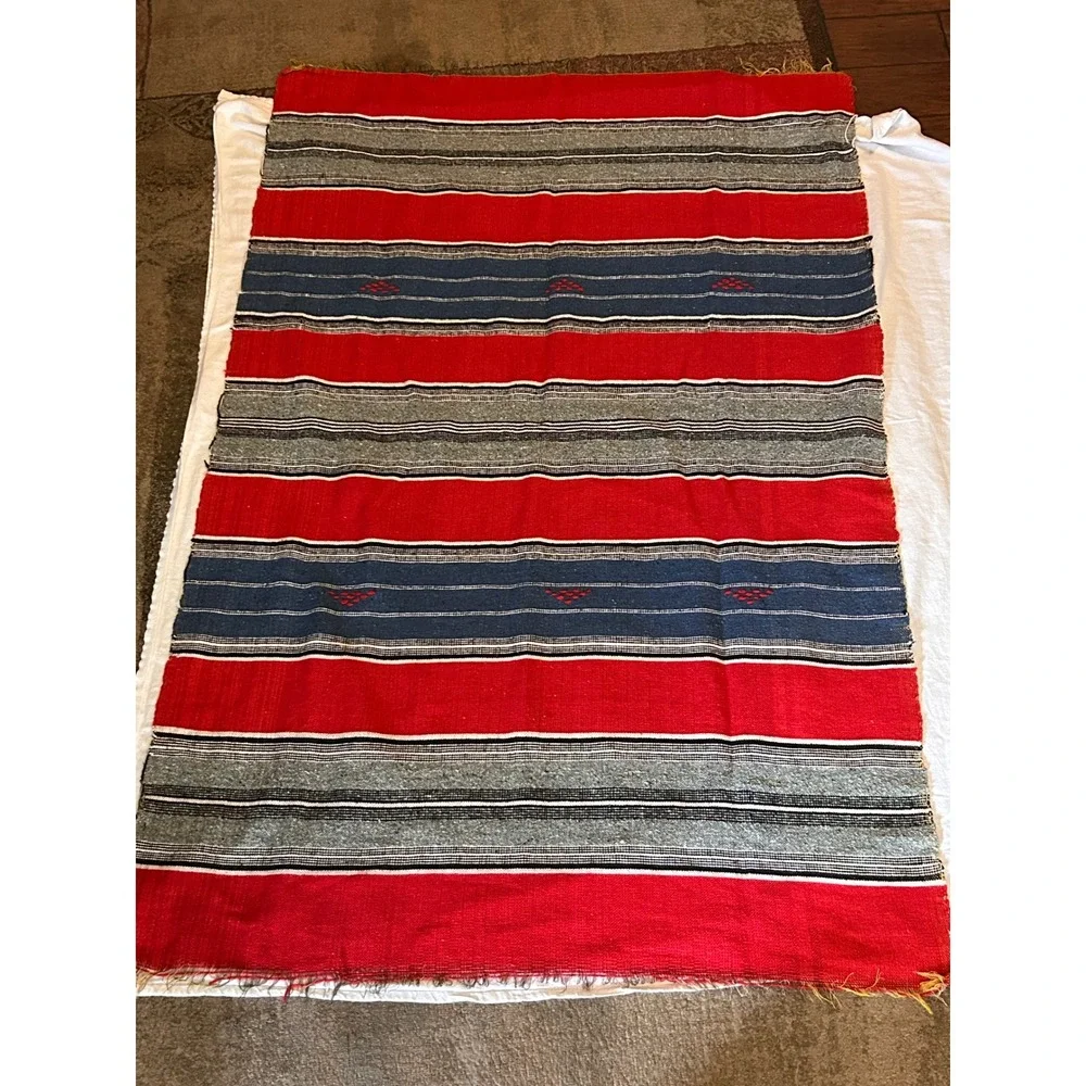 Vintage Turkish Kilim Handwoven Wool Blend Red Blue Striped Textile 6x4